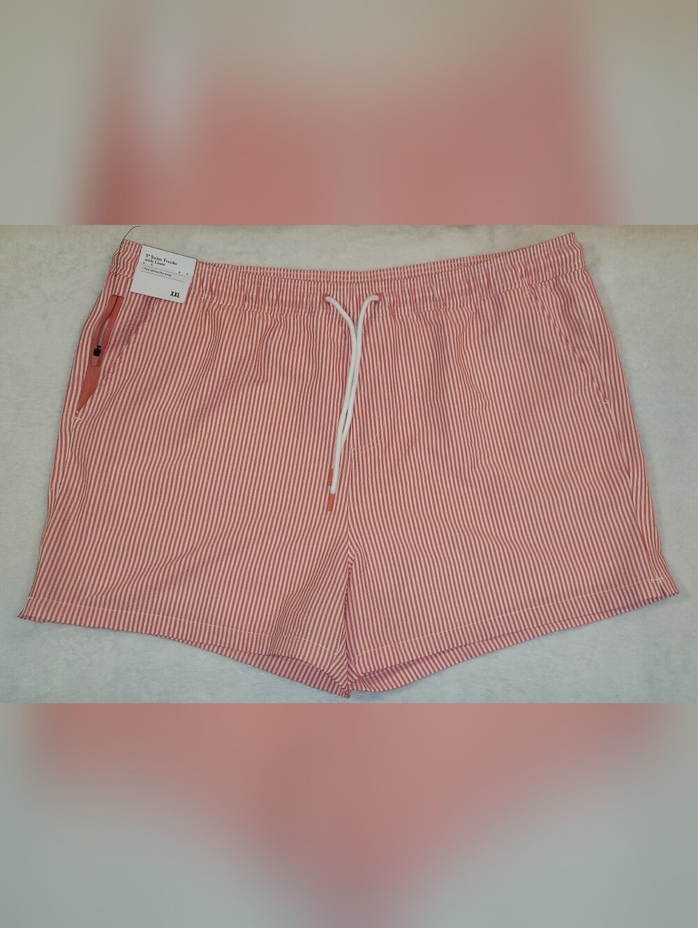 Striped Salmon Orange & White Drawstring Swim Trunks, XXL